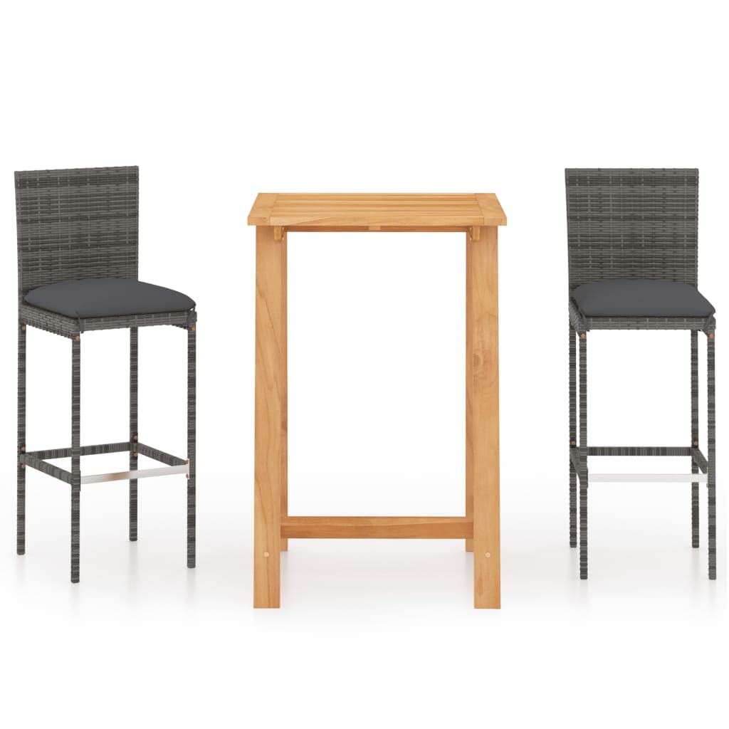 vidaXL 3-Piece Patio Bar Set with Wood Tabletop & Cushioned Stools - Outdoor Bar Table & Stool Set for Garden, Farmhouse, Backyard Dining - Durable Gray Patio Furniture for Entertaining & Relaxation