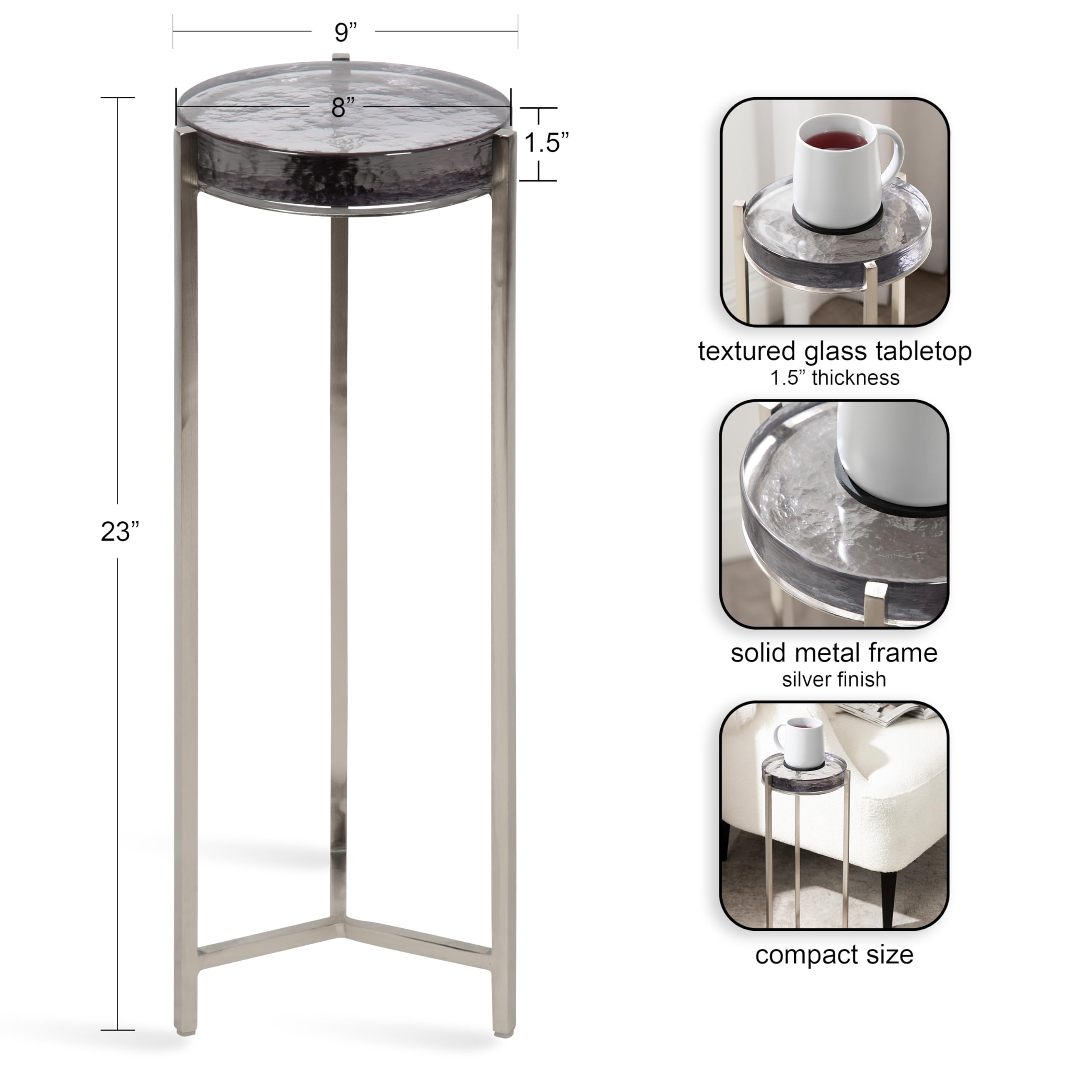 Kate & Laurel Aguilar Modern Side Table - 9x9x23 Inches, Silver Metal Frame with Tinted Glass Top - Compact Accent Table for Small Spaces | Perfect for Living Room, Bedroom, or Office Decor