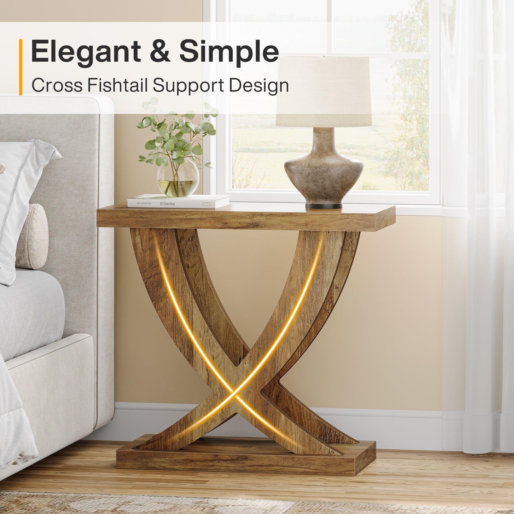 Rustic Wooden End Table with Cross Fishtail Support - Farmhouse Style Nightstand or Side Table for Bedroom, Living Room & Office Decor