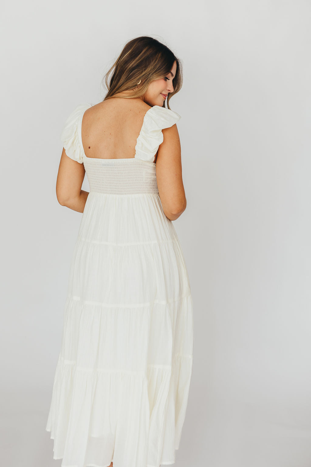 Katy Pleated Bodice Midi Dress in Cream | Bump Friendly Maternity Dress | Perfect for Baby Showers, Weddings & Special Occasions