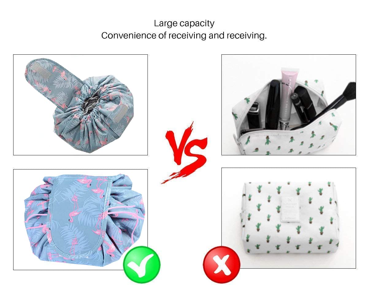 VALAMJI Large Waterproof Drawstring Cosmetic Bag - Travel Makeup Organizer & Toiletry Pouch with Lazy Design (Grey Flamingo) - Perfect for Gym, Beach Trips & Daily Essentials Storage