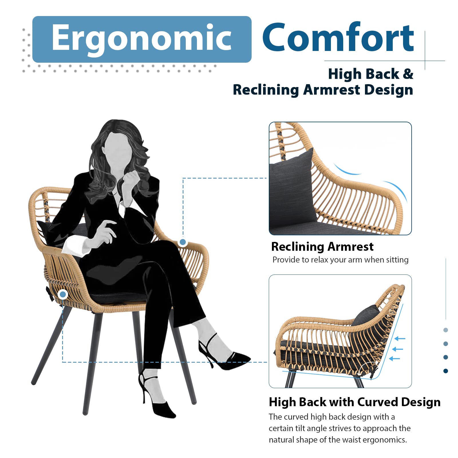 JOIVI 2-Piece Outdoor Wicker Chair Set with Cushions - Rattan Patio Dining Chairs with Armrests & Iron Frame - Weather-Resistant Garden Furniture for Balcony, Porch, Backyard, Poolside & Outdoor Entertaining - Black