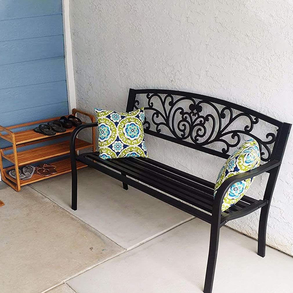 Sturdy Metal Outdoor Bench - 480lbs Capacity Steel Frame Garden, Patio, Porch, Park & Entryway Furniture with Armrests - Perfect for Relaxing, Lounging & Outdoor Gatherings