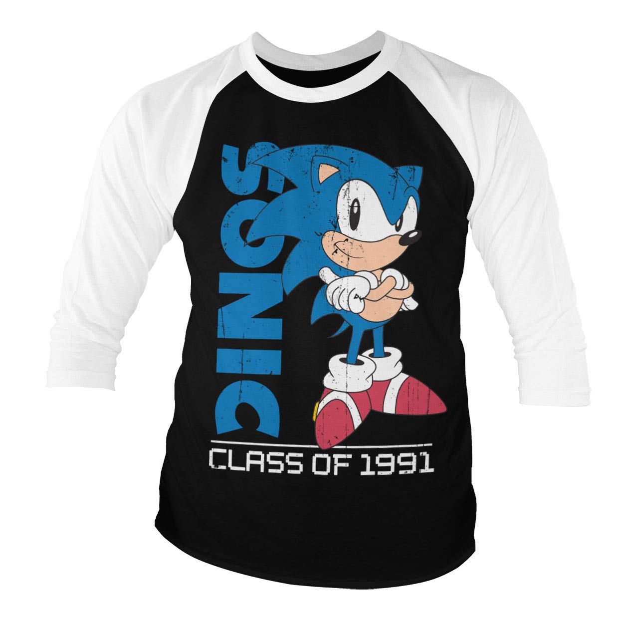 Sonic The Hedgehog Officially Licensed 1991 Retro Baseball 3/4 Sleeve T-Shirt - White & Black - X-Large - Vintage Gaming Tee for Fans, Collectors & Casual Wear