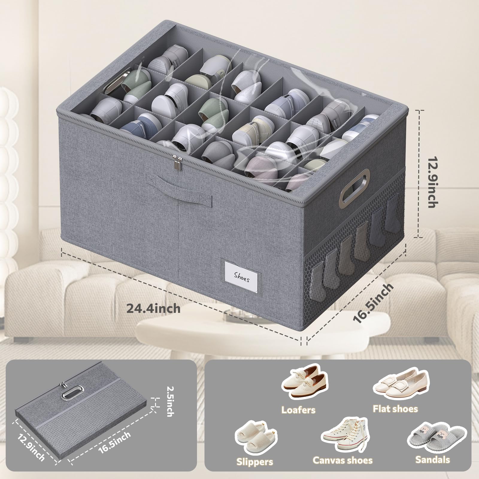 Foldable Shoe Storage Organizer for Closet - Clear View Shoe Box Containers Holds 18 Pairs, Adjustable Dividers for Shoes, Blankets, Linen & Clothing Storage - Perfect for Bedroom, Entryway & Dorm Organization