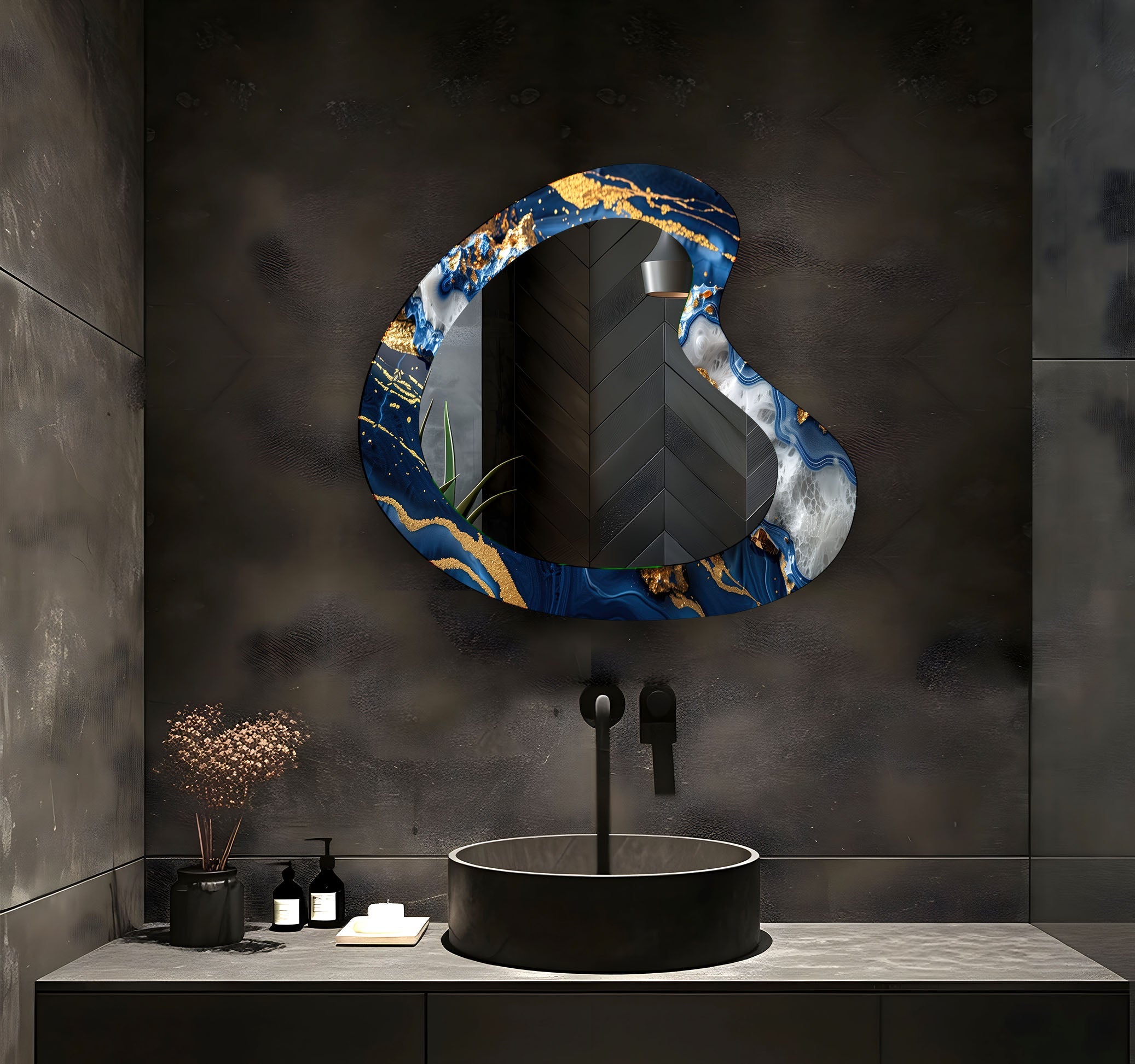 Blue & Gold Marble Irregular Wall Mirror - Modern Decorative Mirror for Living Room, Bedroom, Entryway | Unique Home Decor Accent Piece