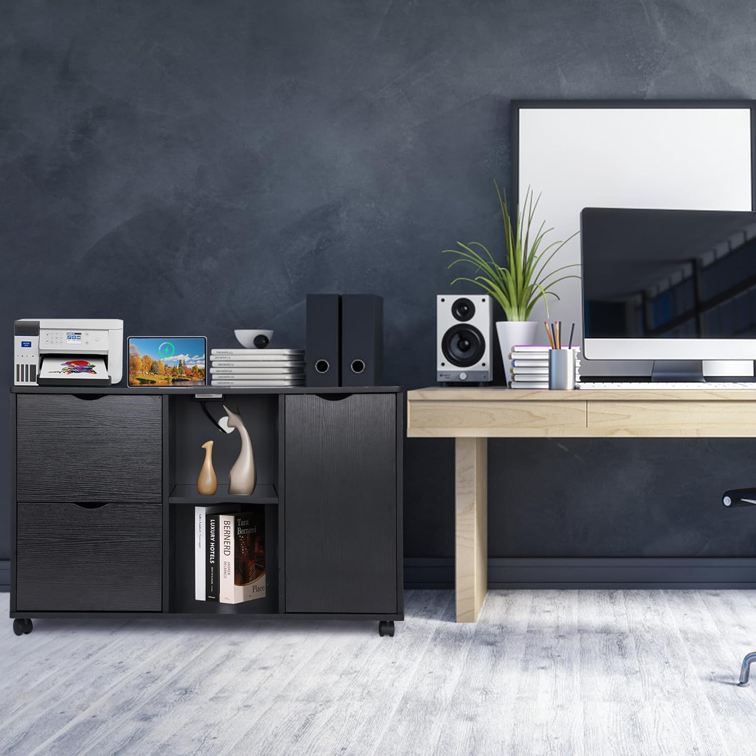 Black Mobile File Cabinet with Charging Station - Home Office Storage for Letter/Legal/A4 Files - Workspace Organizer