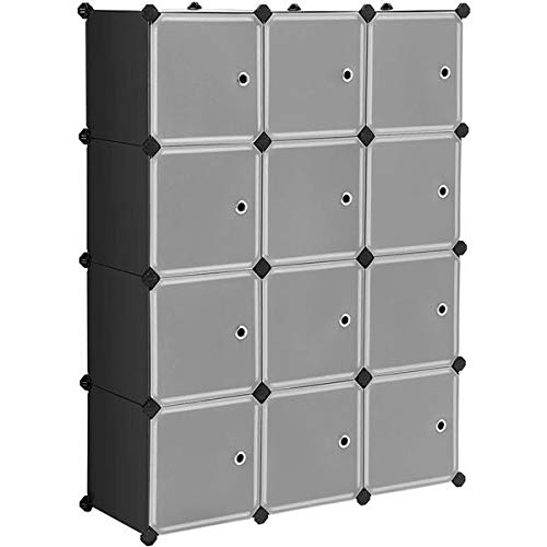 BOERLKY 12-Cube Closet Organizer - DIY Storage Shelves with Doors, White & Black - Space-Saving Cube Storage for Bedroom, Living Room, Office Organization