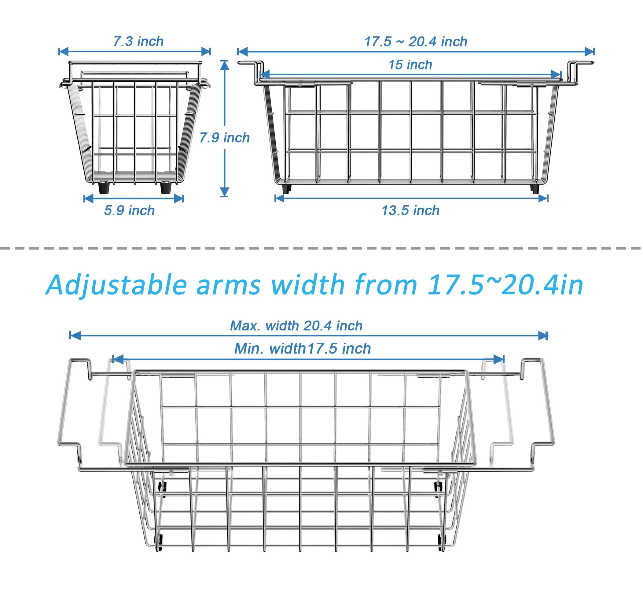 SANNO Chest Freezer Baskets - 2 Pack Stainless Steel Deep Freezer Organizer Bins with Adjustable Arms (17.5