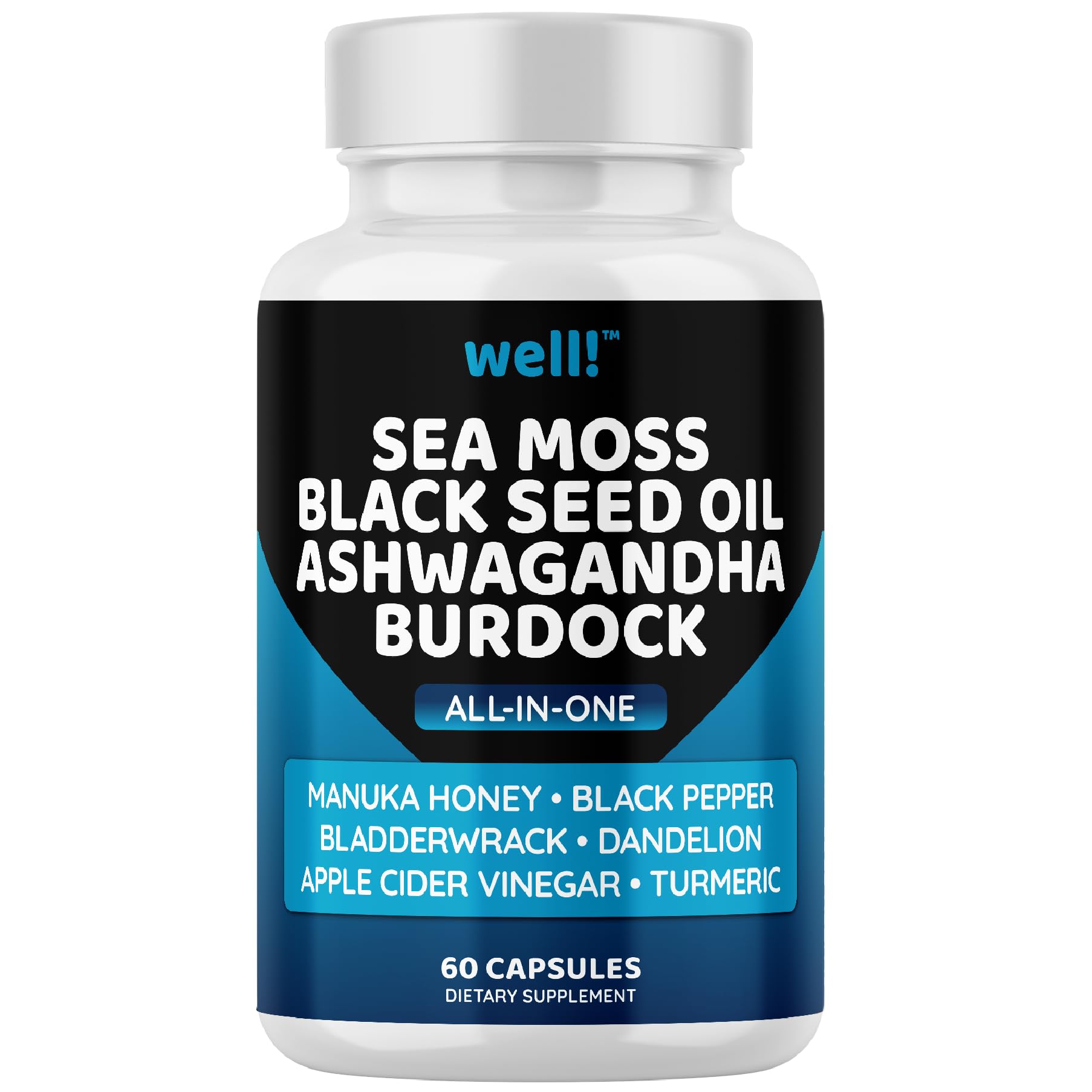 Sea Moss 3000mg, Black Seed Oil 2000mg, Ashwagandha 1000mg with Bladderwrack & Maca Root - Turmeric, Manuka Honey, Dandelion & Black Pepper Superfood Supplement for Immune Support, Energy Boost & Stress Relief - Perfect for Daily Wellness & Detox