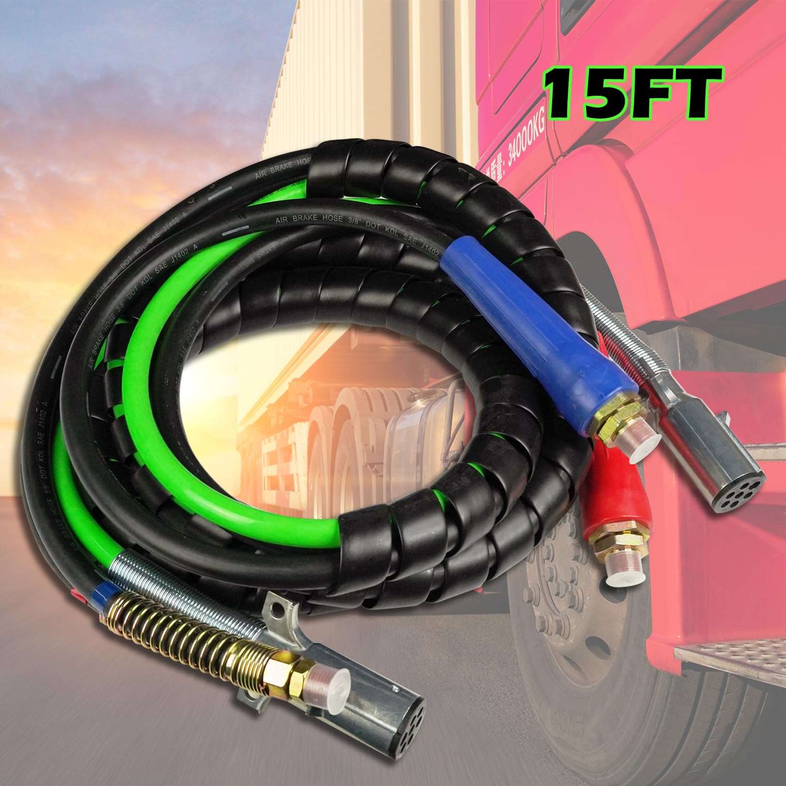 ANLULOAD 15ft 3-in-1 ABS Air Brake Lines Kit - 7 Way Air Power Line Hose Assemblies for Semi Trucks, Trailers & Tractors | Heavy-Duty Replacement for Reliable Braking Performance