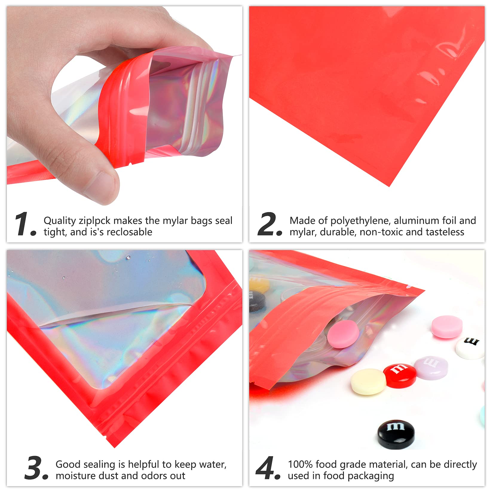 Funfery 100-Pack Red Mylar Holographic Zipper Bags with Clear Window - 4x6 Inch Smell Proof Resealable Foil Pouch for Food Storage, Lip Gloss, Jewelry & Eyelash Packaging | Perfect for Small Business, Retail & Travel Organization
