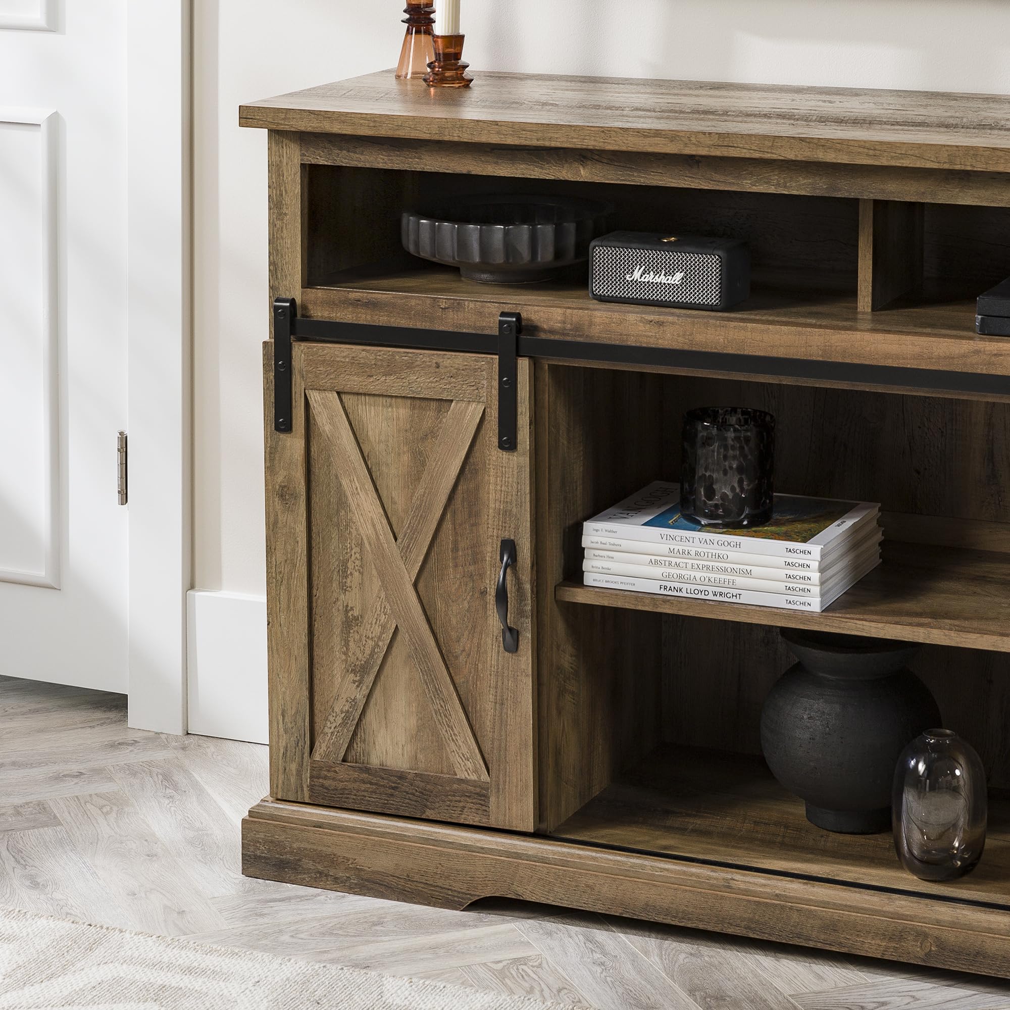 Walker Edison Clayton Farmhouse TV Stand with Sliding Double Barn Doors - Rustic Oak Finish for TVs up to 58 Inches - Perfect for Living Rooms, Bedrooms & Home Theaters