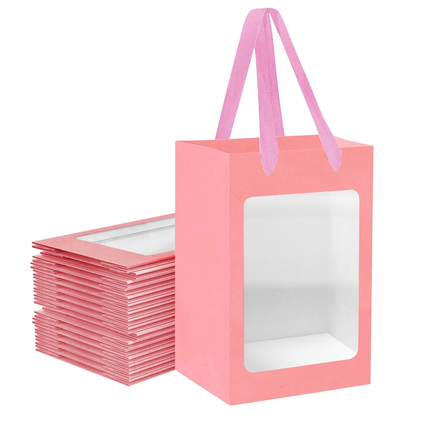 12 Pack Pink Kraft Paper Gift Bags with Clear Window - 9.84