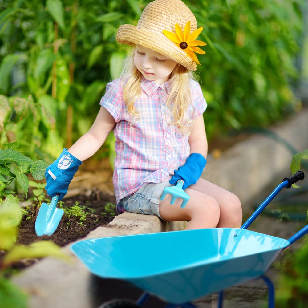Colwelt Kids Wheelbarrow 5-Piece Set - Durable Steel Wheelbarrow with Gardening Tools & Gloves for Children (Blue) | Perfect Outdoor Play Toy for Yard Work, Gardening Activities & Pretend Play