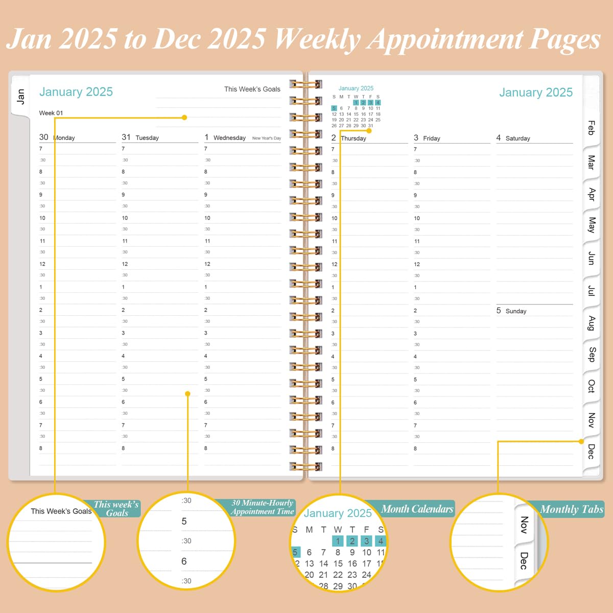 2025 Daily Planner with 30-Minute Time Slots - January to December 2025 Appointment Book, 6.4
