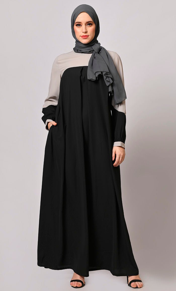 Elegant Black Abaya with Grey Yoke & Pockets - Modest Islamic Dress for Women - Perfect for Prayer, Mosque & Special Occasions