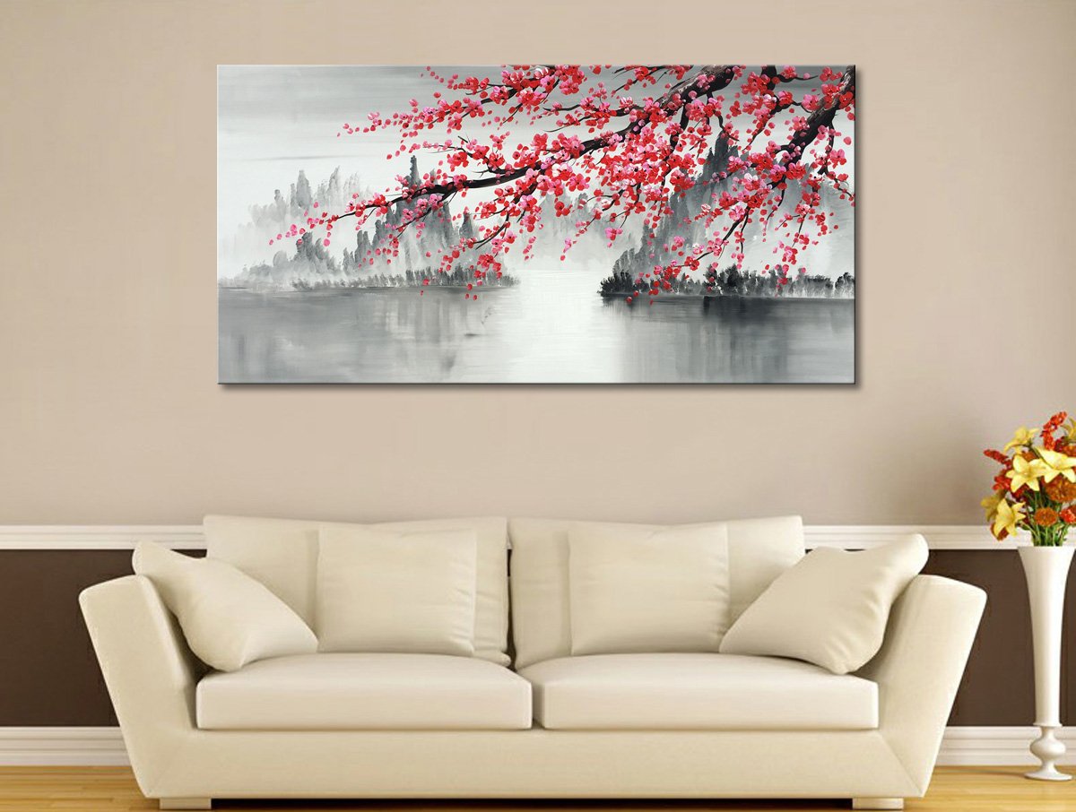 Hand-Painted Chinese Plum Blossom Canvas Wall Art - 60x30 Inch Black & White Landscape Oil Painting - Modern Asian Home Decor for Living Room, Bedroom & Office