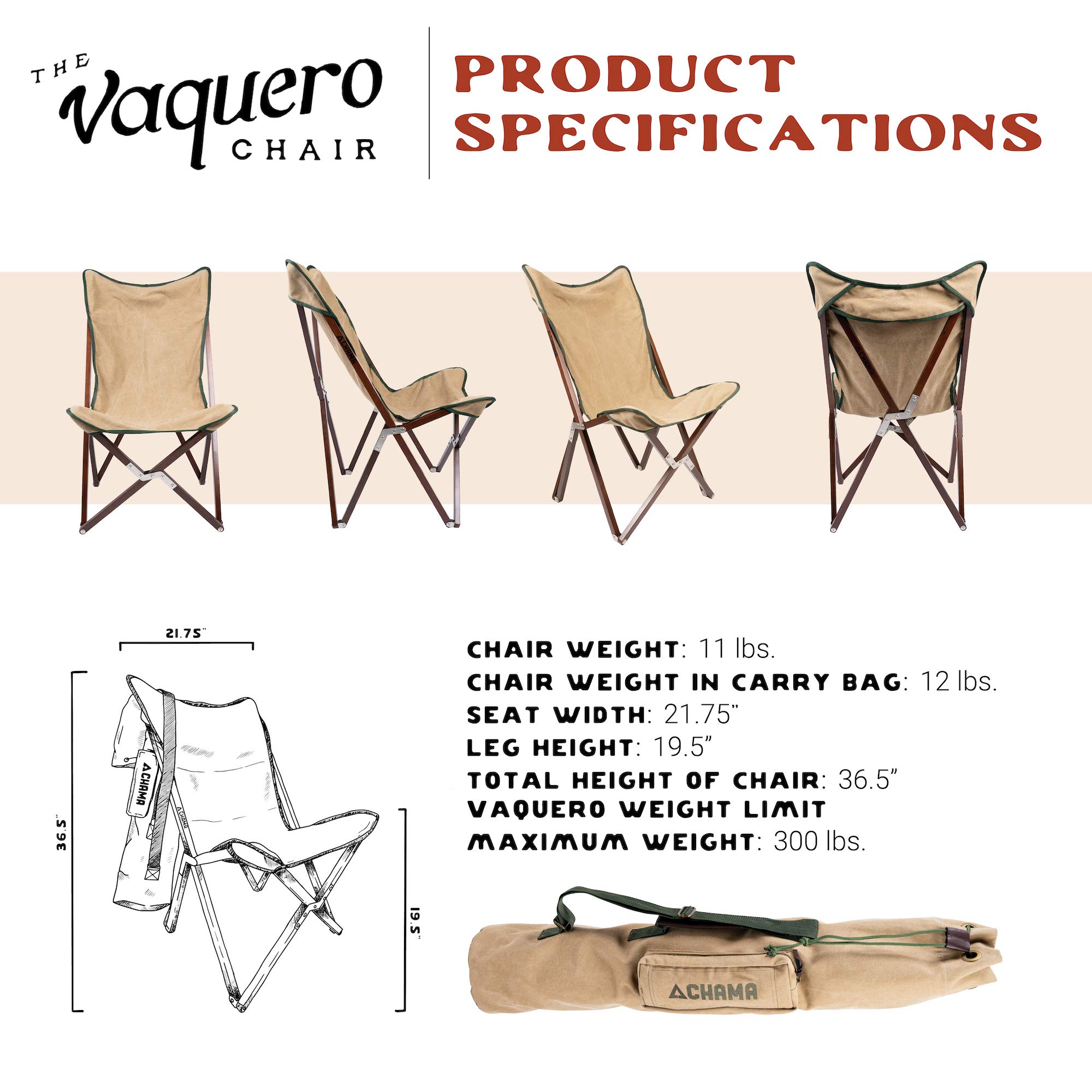 CHAMA Vaquero Folding Chair & Travel Bag - Wheat & Pine Wood Outdoor Portable Camping Chair with Canvas Seat - Supports 300 lbs - Perfect for Camping, Picnics, Beach, Backyard, Patio & Indoor Use