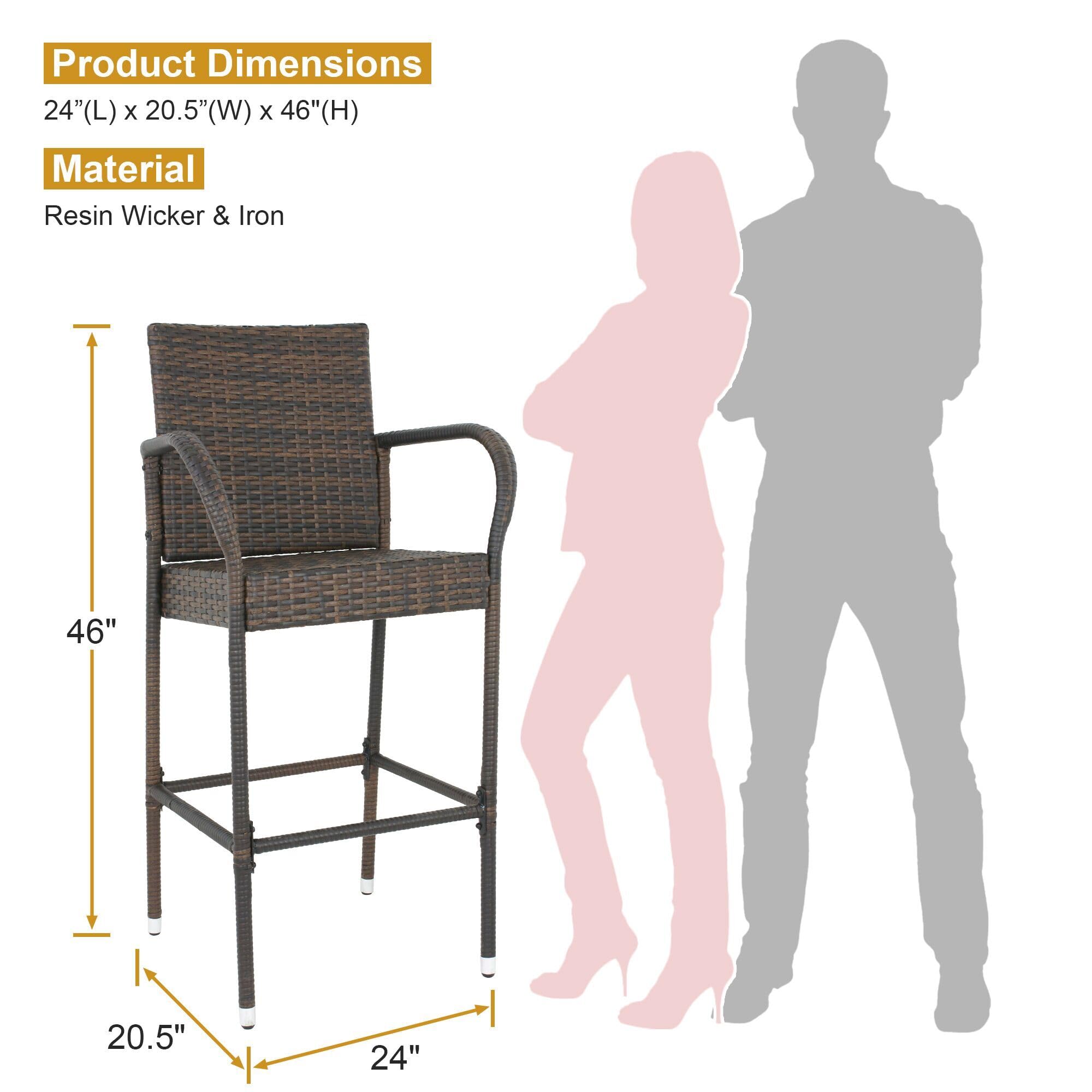 ZENY Set of 2 All-Weather Wicker Bar Stools with Armrests - Outdoor Patio Dining Chairs for Backyard, Poolside & Garden Seating