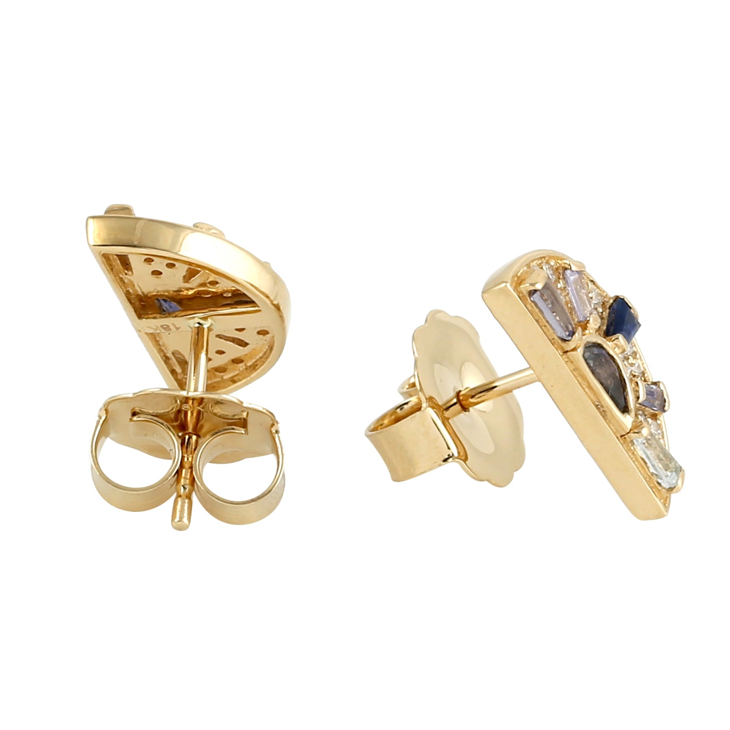 Blue Sapphire & Tanzanite Baguette Topaz Pave Diamond Stud Earrings in Gold – Perfect for Weddings, Parties & Special Occasions