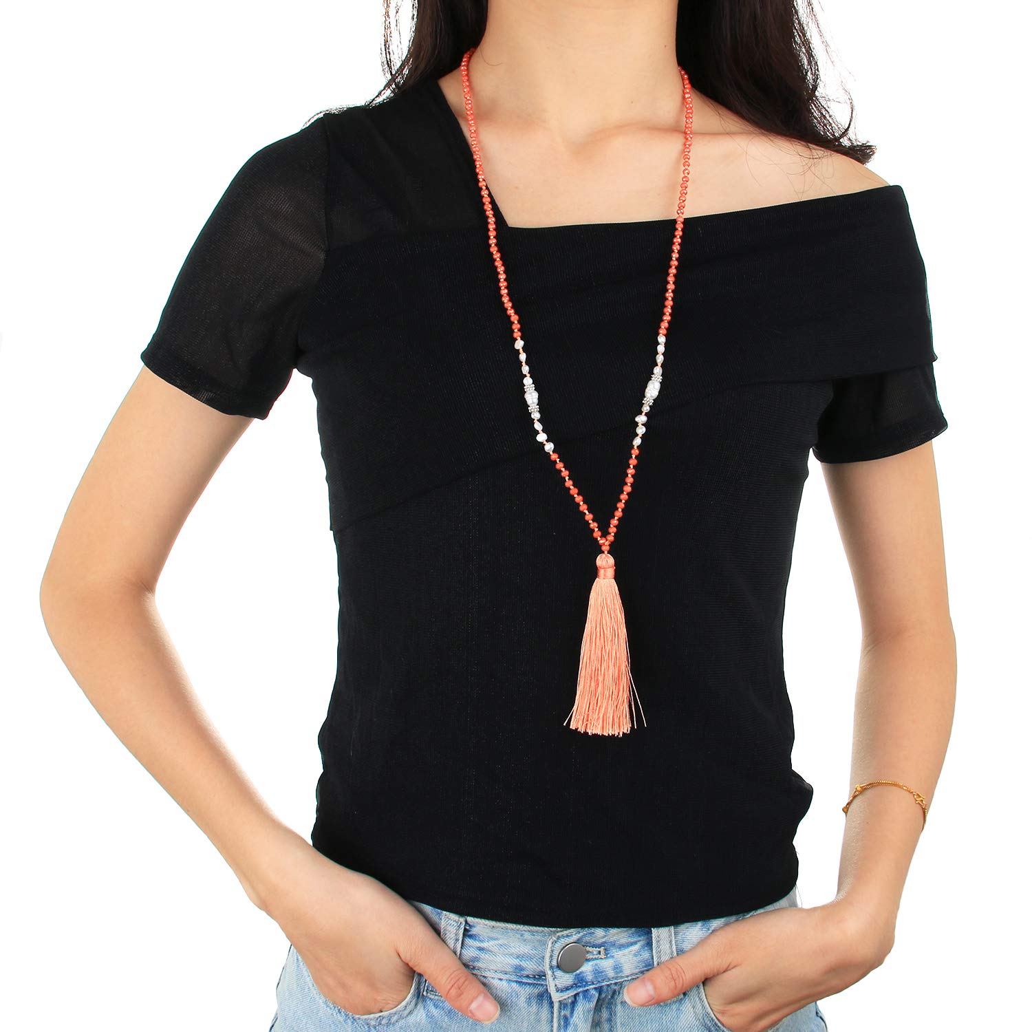 KELITCH Handmade Shell Pearl Necklace for Women - Light Orange, Fashion Jewelry for Parties & Gifts
