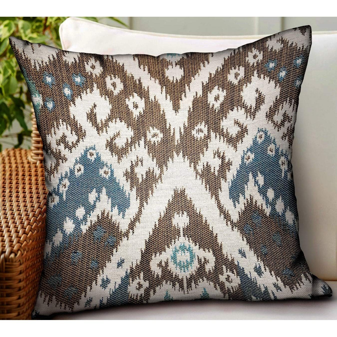 Plutus Brands Shoshone Valley Blue Brown Ikat Luxury Outdoor/Indoor Throw Pillow - Decorative Cushion for Sofa, Bed, Patio & Living Room