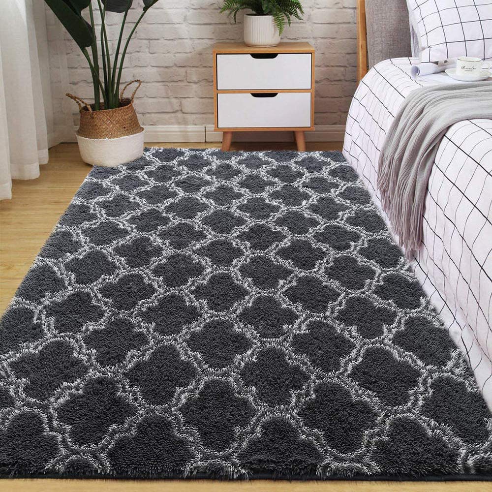 TOPCHANCES Ultra Soft Fluffy Velvet Area Rug - Modern Geometric Moroccan Design for Bedroom, Living Room & Nursery - Home Decor Carpet (Dark Grey, 5.25x7.55 Feet) | Cozy & Stylish Floor Covering for Relaxation & Comfort