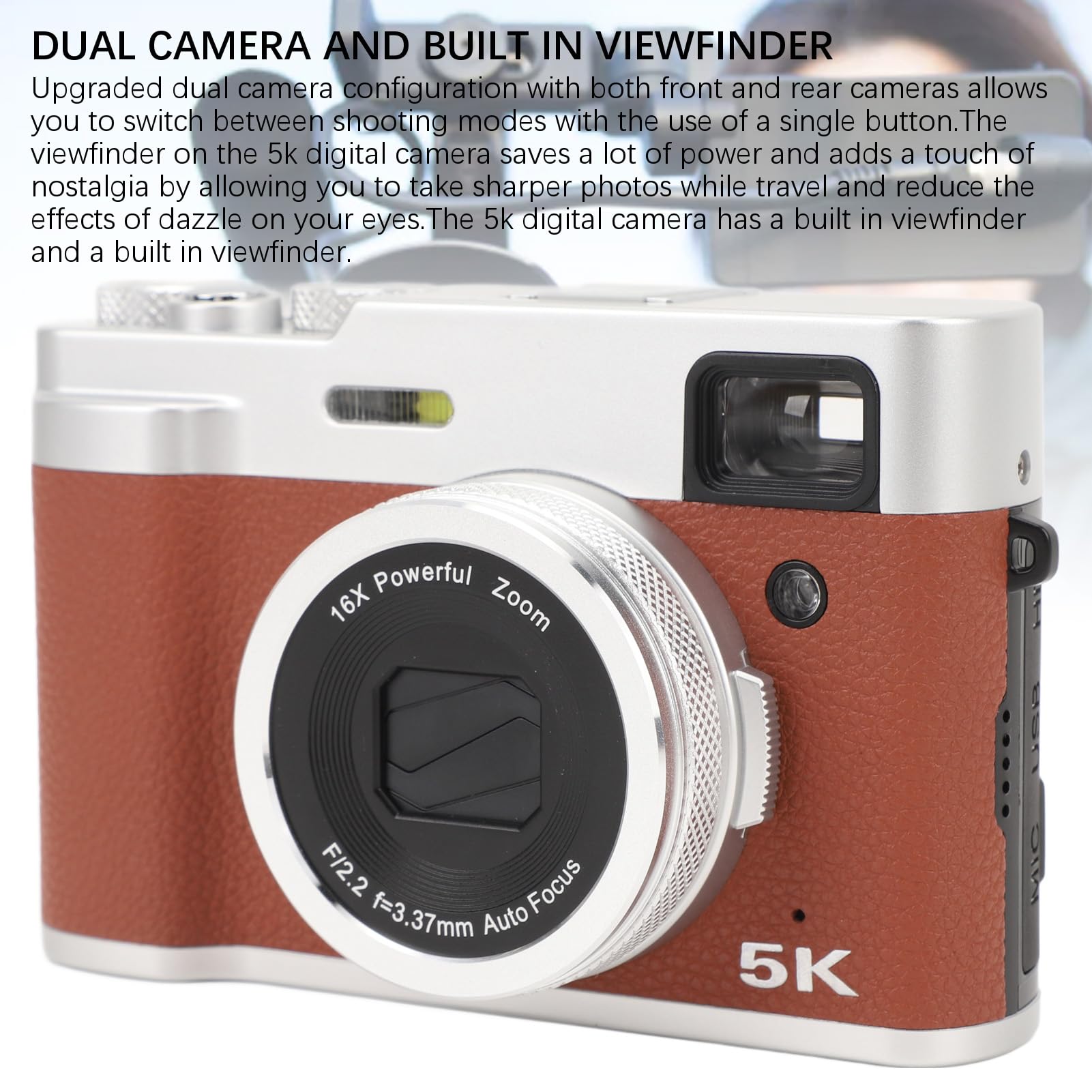 5K Digital Camera for Photography & Vlogging - 48MP Autofocus Dual Lens Camera with 16X Digital Zoom, Compact Point and Shoot Travel Camera (Brown) - Perfect for YouTube Content Creation, Travel Adventures & Everyday Photography