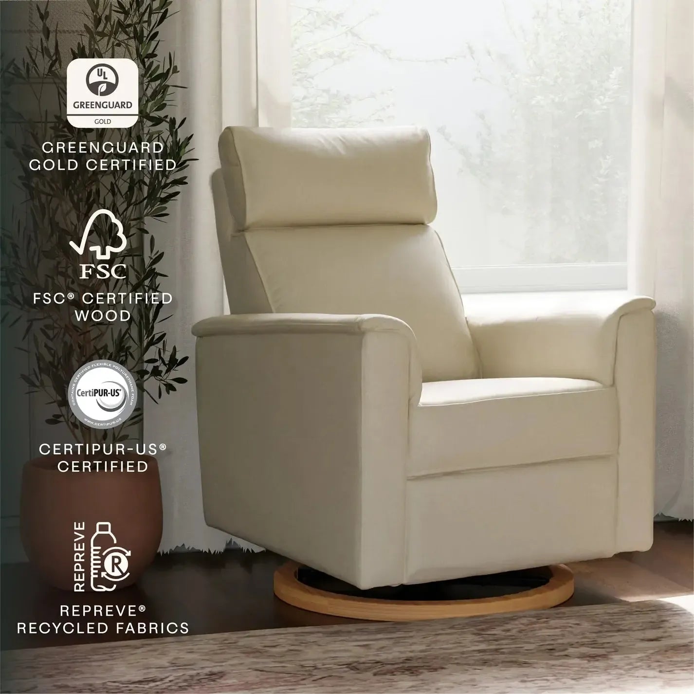 Monogram by Namesake Willa Power Recliner with Adjustable Headrest - Performance Cream Eco Weave Fabric & Wood Base - Exclusive Modern Living Room Chair for Home Theater & Relaxation