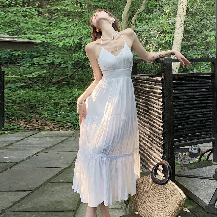 Backless Halter Neck Summer Dress - Fairy White Spaghetti Strap Flowy Dress 1033 | Perfect for Beach Vacations, Date Nights & Summer Parties