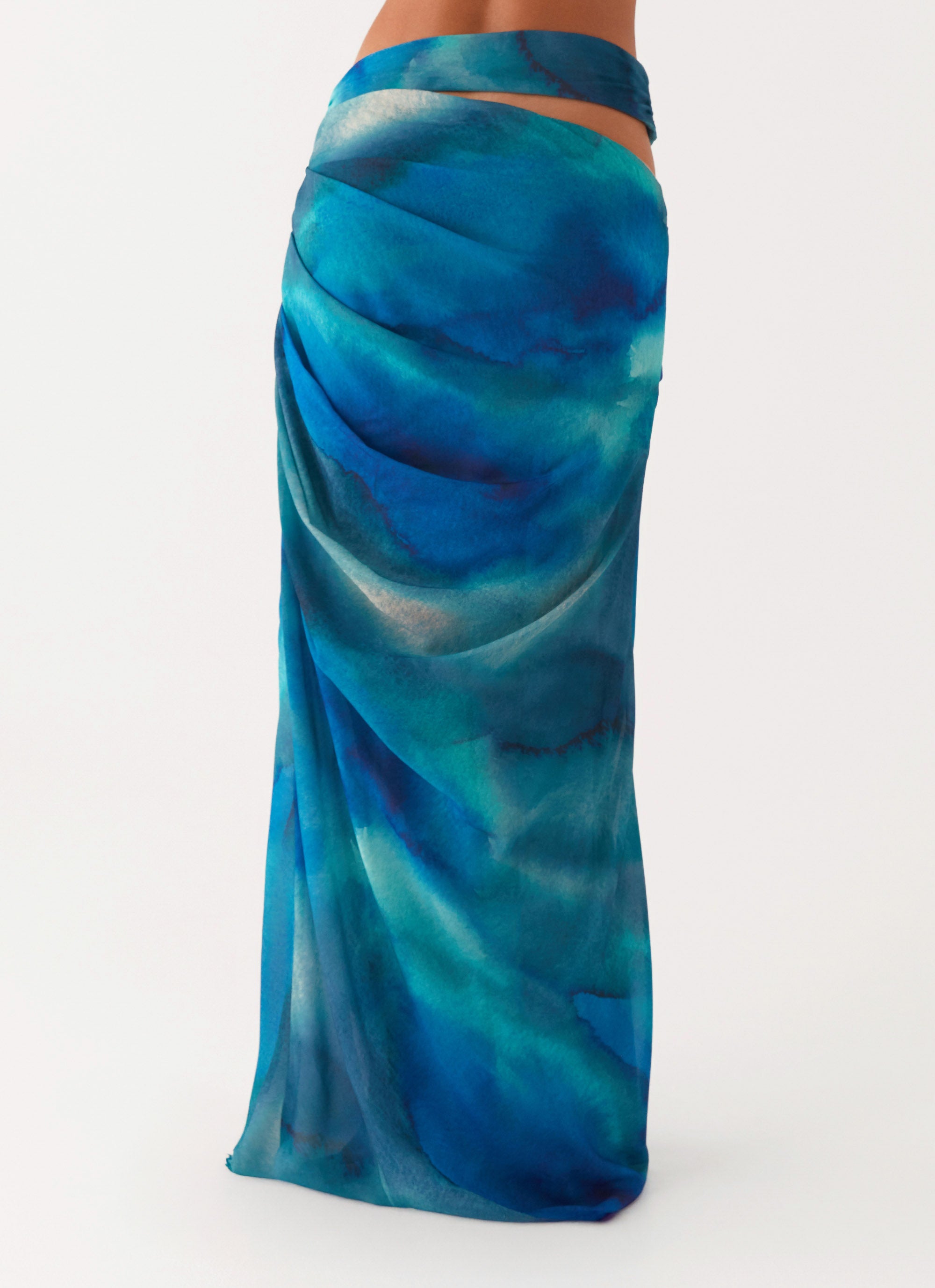 Austin Cut Out Maxi Skirt - Blue Tie Dye Floral Print Boho Summer Beach Dress for Women | Perfect for Vacations, Music Festivals & Casual Outings