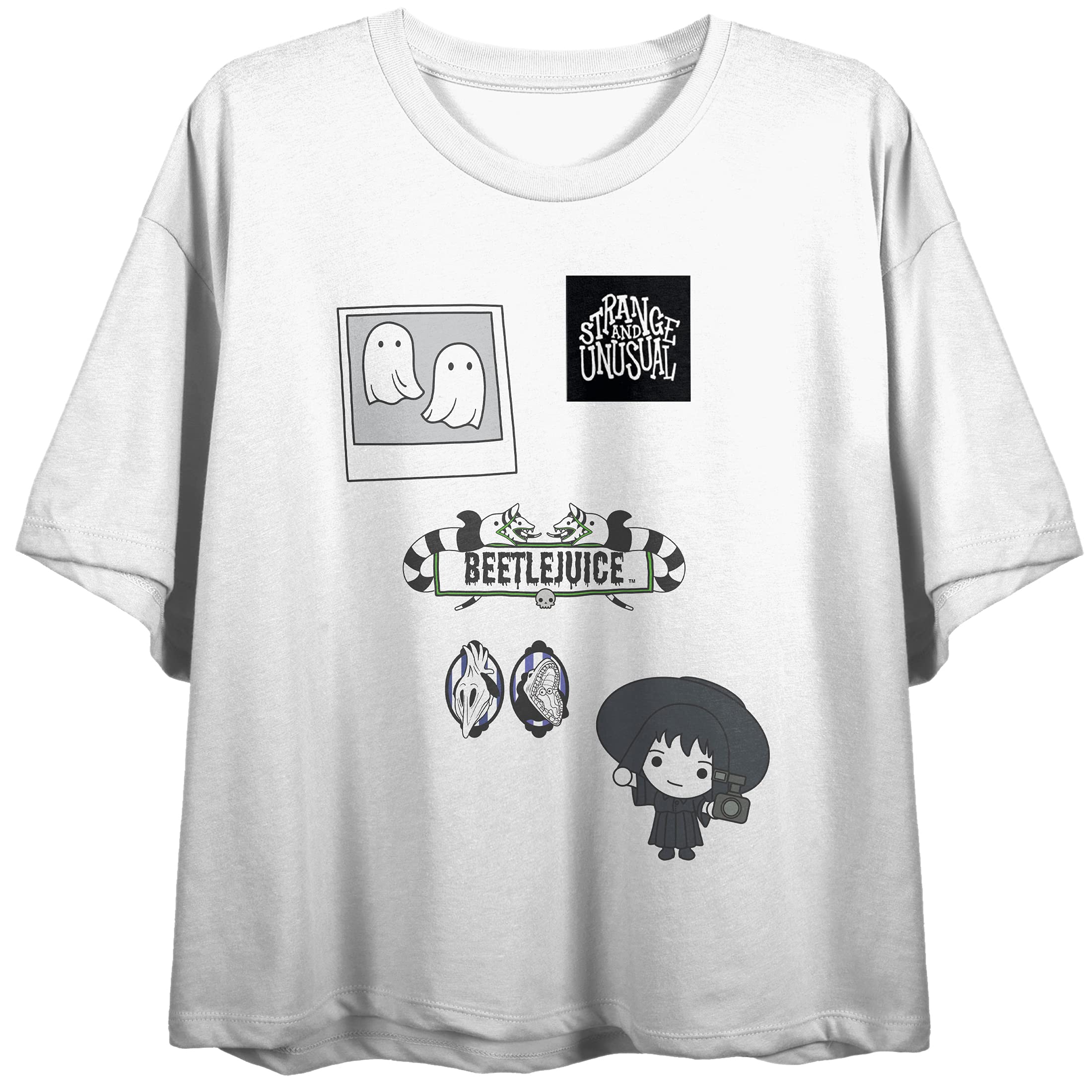 Beetlejuice Movie Graphic White Crop Top for Juniors - Strange & Unusual Vintage Style Tee for Halloween Costume & 80s Theme Party