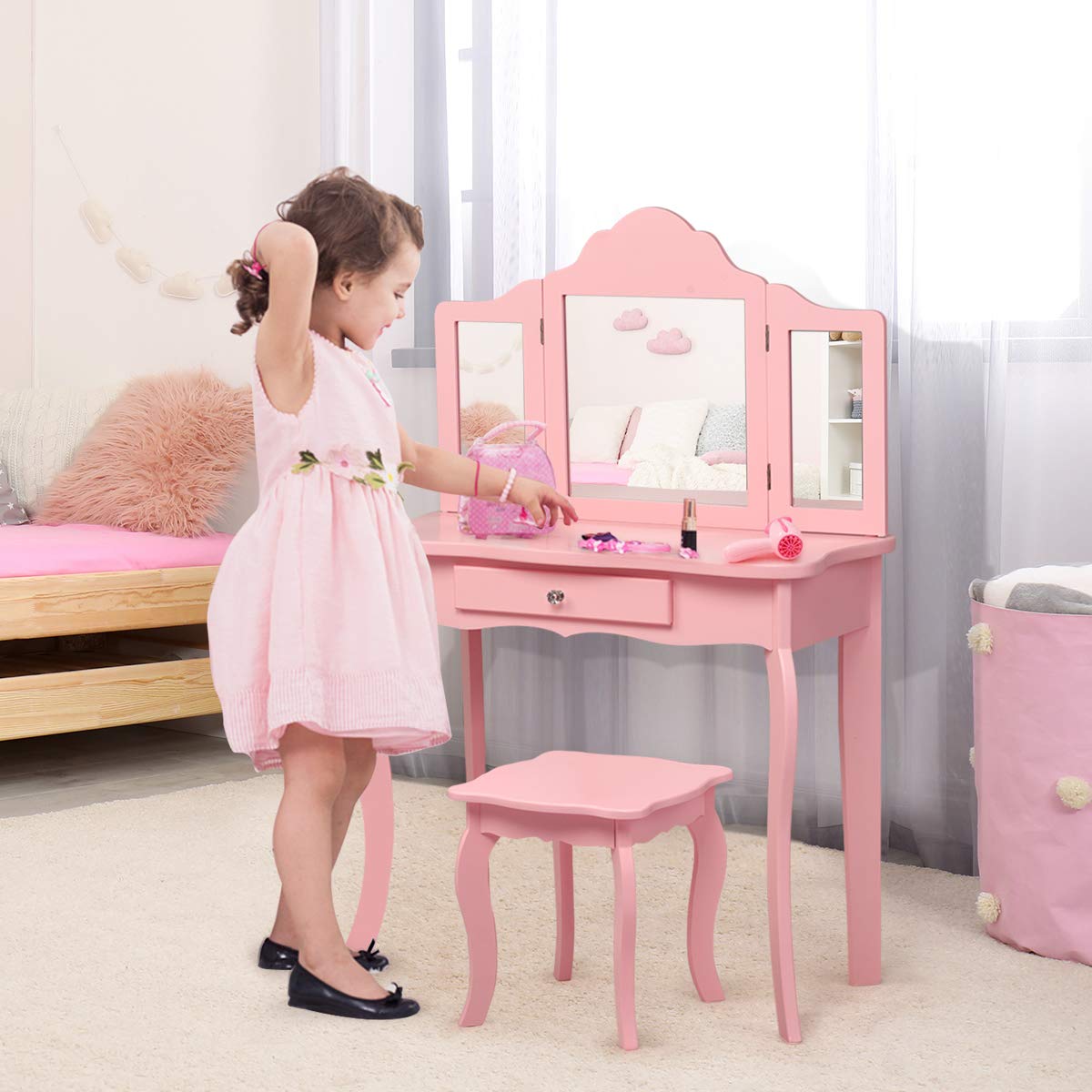 Costzon Kids Wooden Vanity Table & Stool Set - 2 in 1 Detachable Design with Dressing Table & Writing Desk, Princess Makeup Vanity with 180° Folding Mirrors for Girls (Pink) - Perfect for Bedroom Decor, Pretend Play & Gift for Toddlers