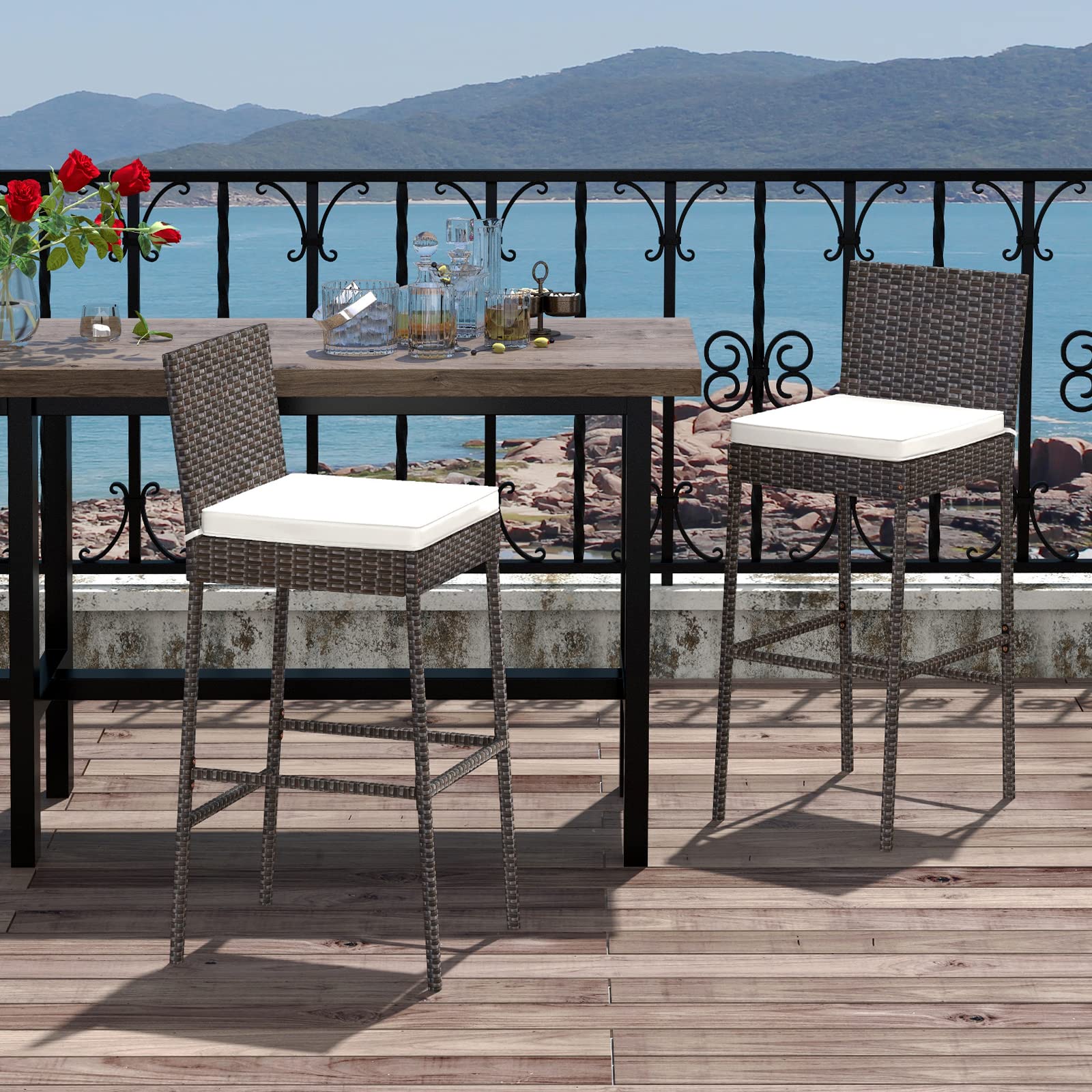 RELAX4LIFE Outdoor Bar Stools Set of 4 - Wicker Rattan Patio Barstools with Backrest, Footrest & Seat Cushions - Heavy Duty 400LBS Capacity Metal Frame Counter Height Stools (30 Inch, Mix Brown) - Perfect for Backyard, Deck, Poolside & Outdoor Dining Areas