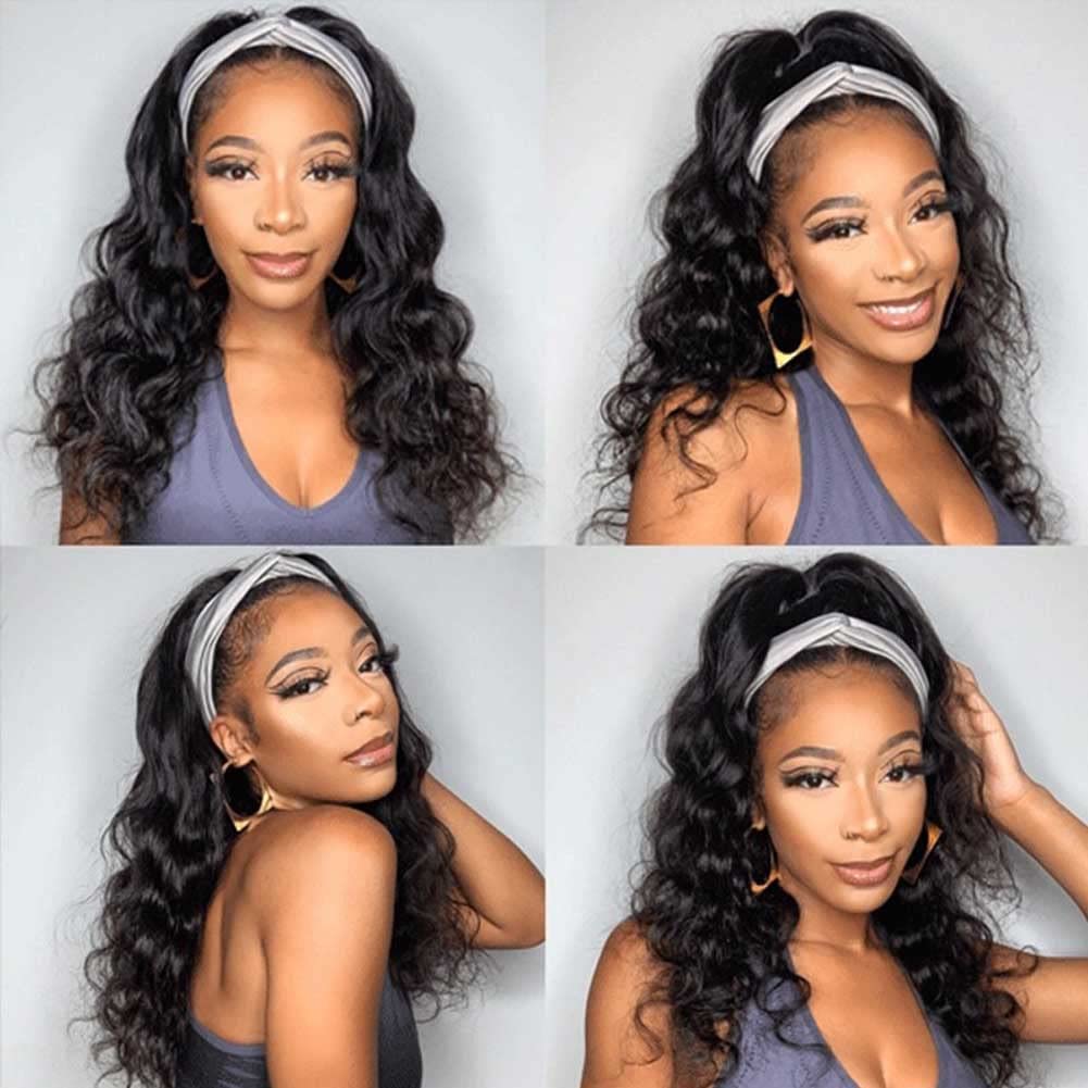 Brazilian Body Wave Headband Wig for Black Women - 20 Inch Human Hair Wig with 150% Density & No Lace Front - Perfect for Daily Wear, Parties, and Protective Styling