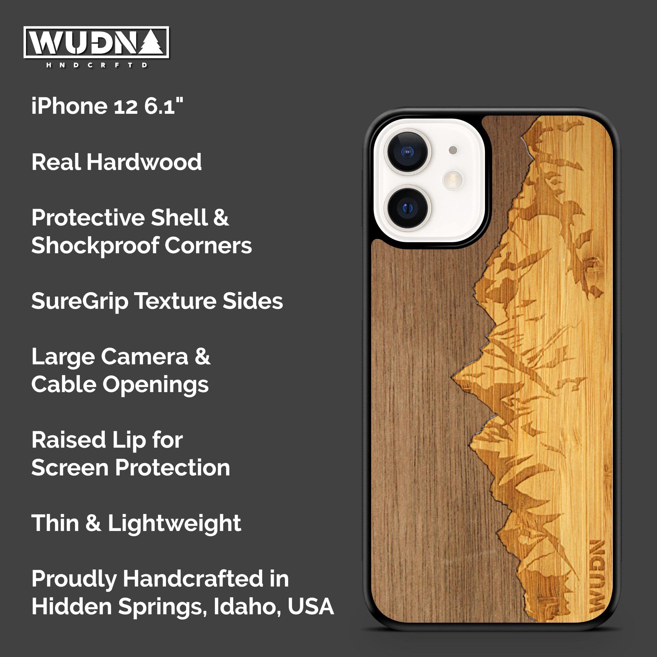 Slim Wooden Phone Case for iPhone 12/12 Pro - Natural Walnut Sky & Sawtooth Mountains Design | Eco-Friendly Protective Cover | Perfect for Outdoor Adventures & Daily Use