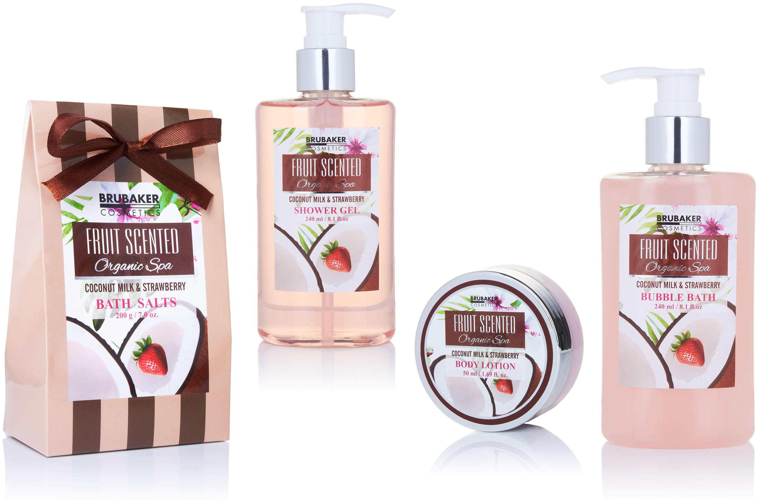 BRUBAKER Coconut Milk & Strawberry Scented Bath & Body Gift Set - 5 Piece Home Spa Basket with Body Lotion, Bath Bombs & More - Perfect for Relaxation, Self-Care Gifts & Pampering Sessions