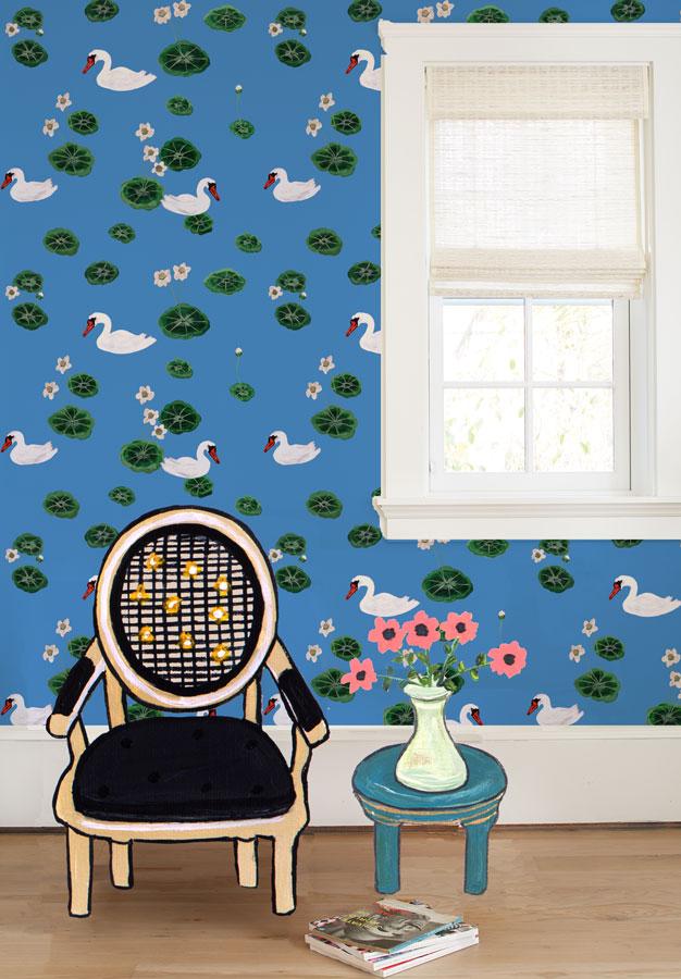 Lily Pad Lake Wallpaper by Carly Beck - Cerulean Blue Nature-Inspired Wall Mural for Living Room & Bedroom Decor