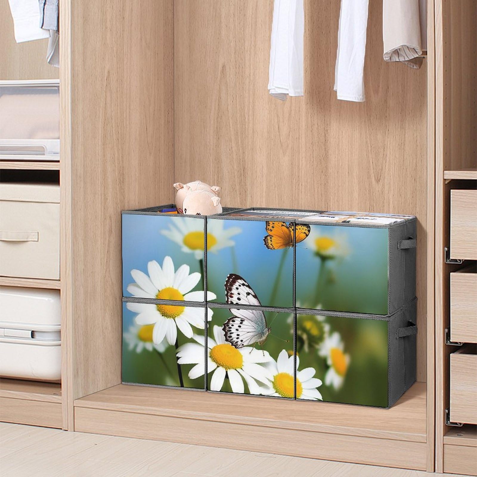 6-Pack Collapsible Butterfly Daisy Flower Storage Bins with Handles - Large Closet Organizer, Clothing Storage Boxes for Bedroom, Bathroom & Nursery Organization