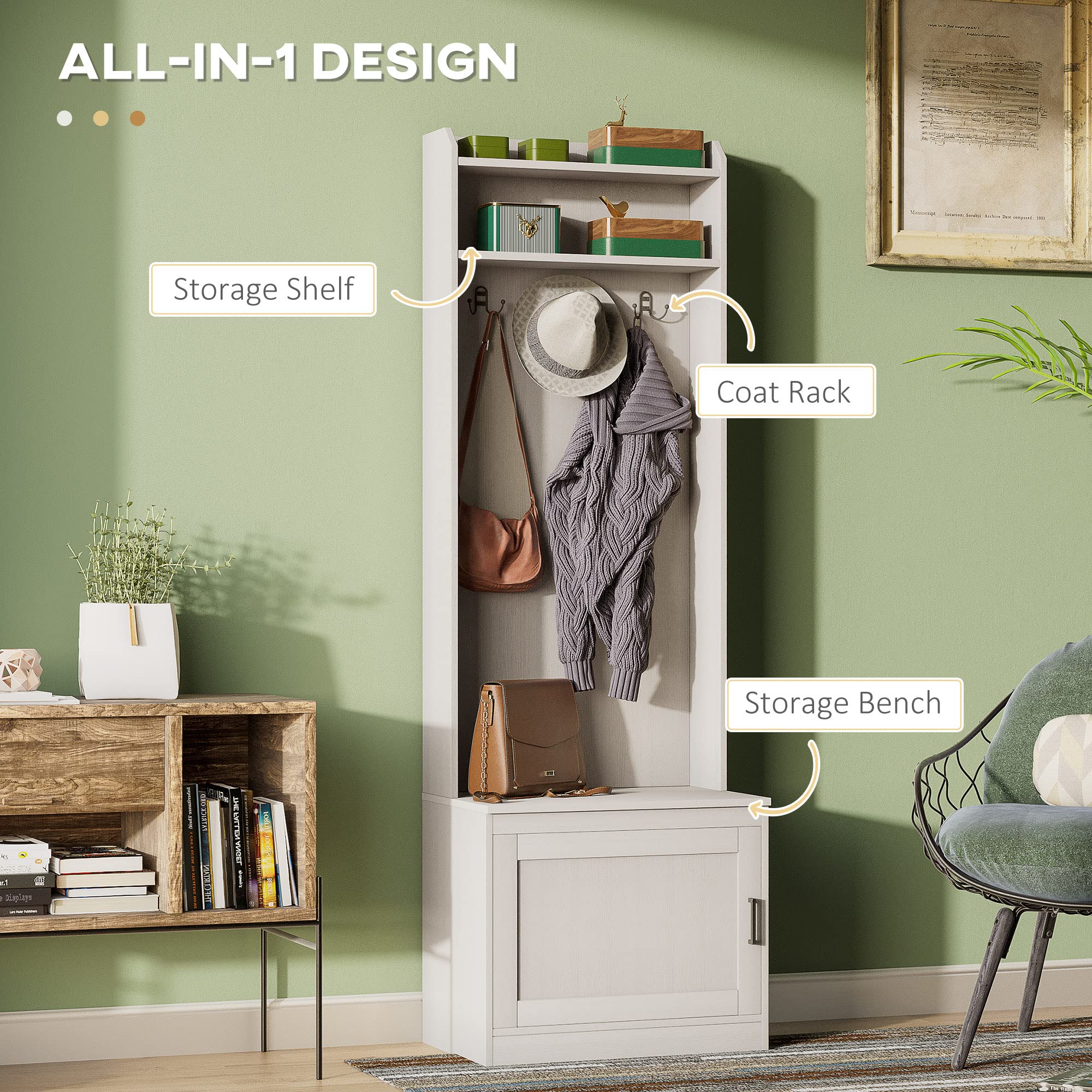 HOMCOM Narrow Hall Tree with Shoe Storage Bench - Rustic Entryway Coat Rack with Shelves for Hallway, Mudroom & Foyer - White Wood Grain Finish for Home Organization & Space Saving