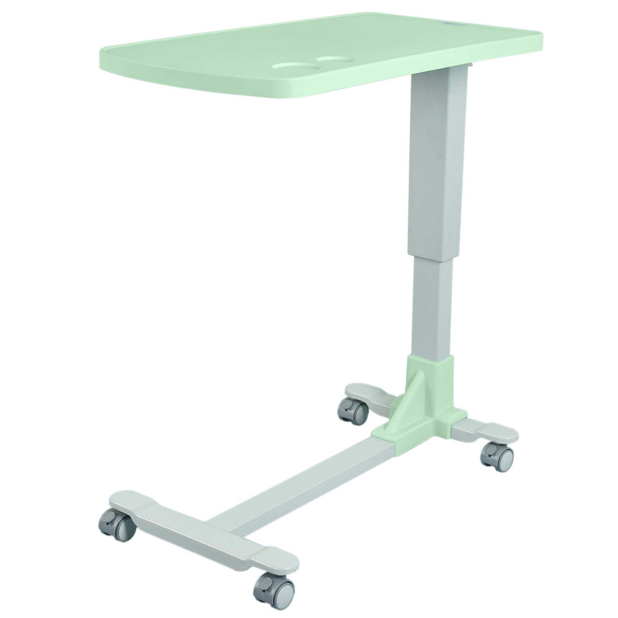 Adjustable Medical Bedside Table with Wheels - HIPS Plastic Dining Tray, 4 Locking Casters (Light Green) - Perfect for Hospital Beds, Home Care & Elderly Patients