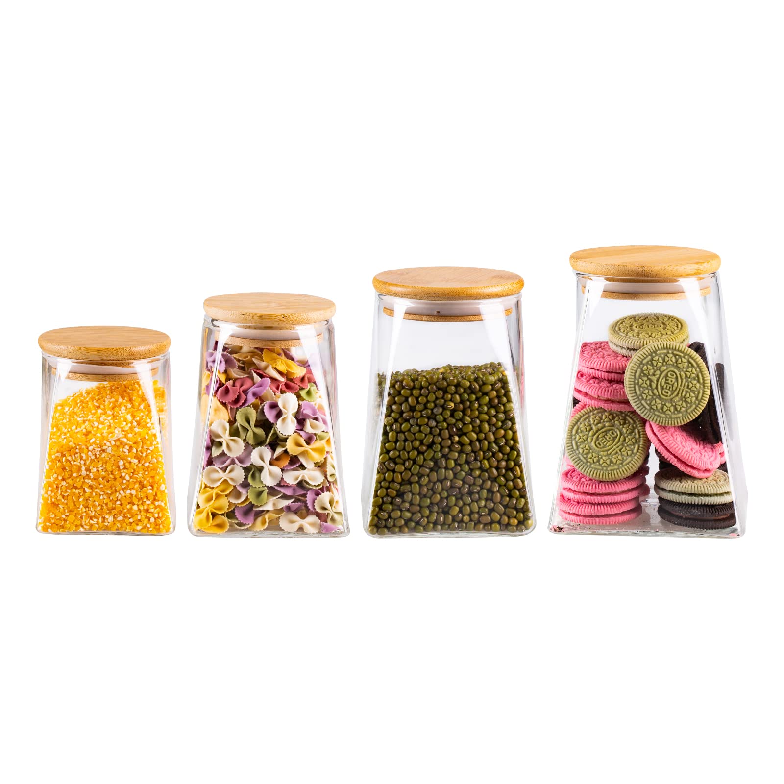 SUNNOW 4-Pack Trapezoidal Glass Jars with Bamboo Airtight Lids - Food Storage Containers for Kitchen Pantry Organization (12oz, 18oz, 25oz, 32oz) - Perfect for Storing Herbs, Coffee, Tea, Candy, Spices & Dry Goods