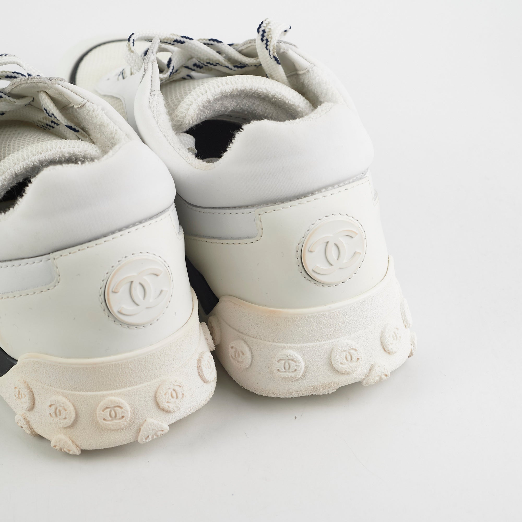 Chanel Women's White Calfskin Mesh Logo Sneakers Size 38 - Fashionable Comfort for Casual Wear & Luxury Street Style