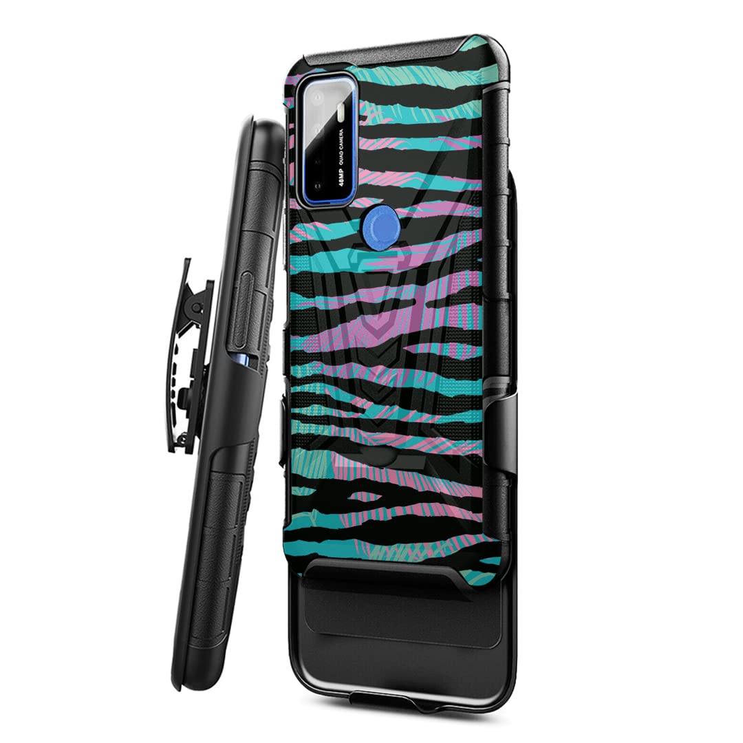 Military Shockproof Phone Case for Cricket Dream 5G & AT&T Radiant Max 5G - Heavy Duty Kickstand Holster with Belt Clip - Colorful Zebra Design - Perfect for Outdoor Work, Construction & Active Lifestyles