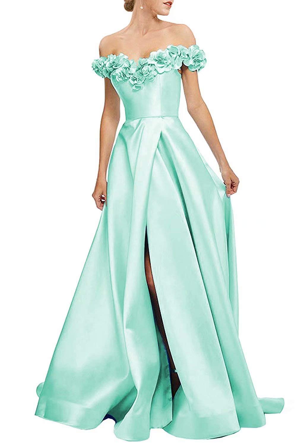 Elegant Light Green Floral A-Line Off-the-Shoulder Satin Prom Dress - Long Formal Evening Gown with High Slit for Homecoming, Wedding Guest, and Special Occasions