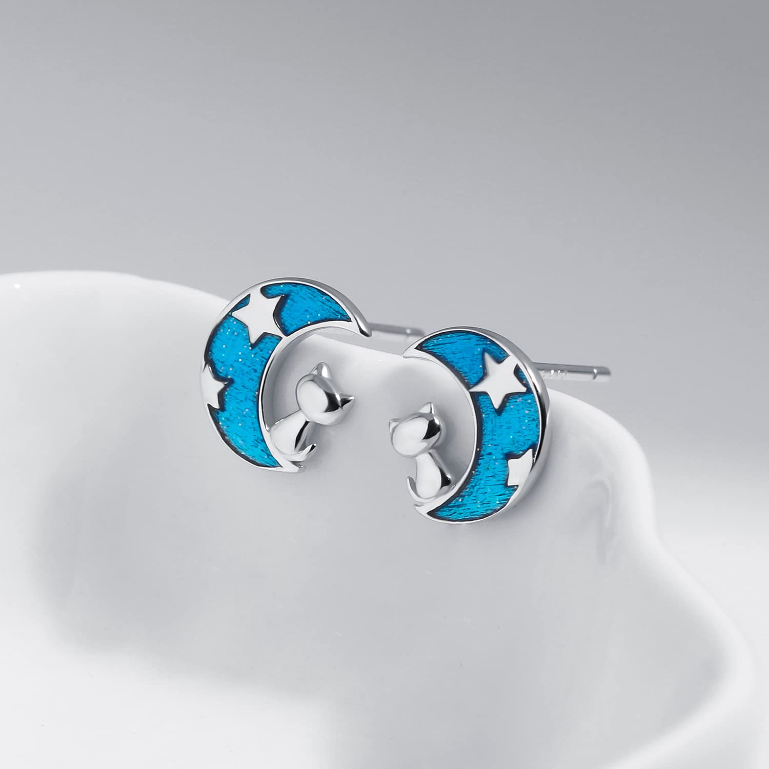 Meissa 925 Sterling Silver Stud Earrings - Moon & Star Cat Earrings for Women | Hypoallergenic, Handmade Jewelry | Perfect for Everyday Wear, Gifts & Special Occasions