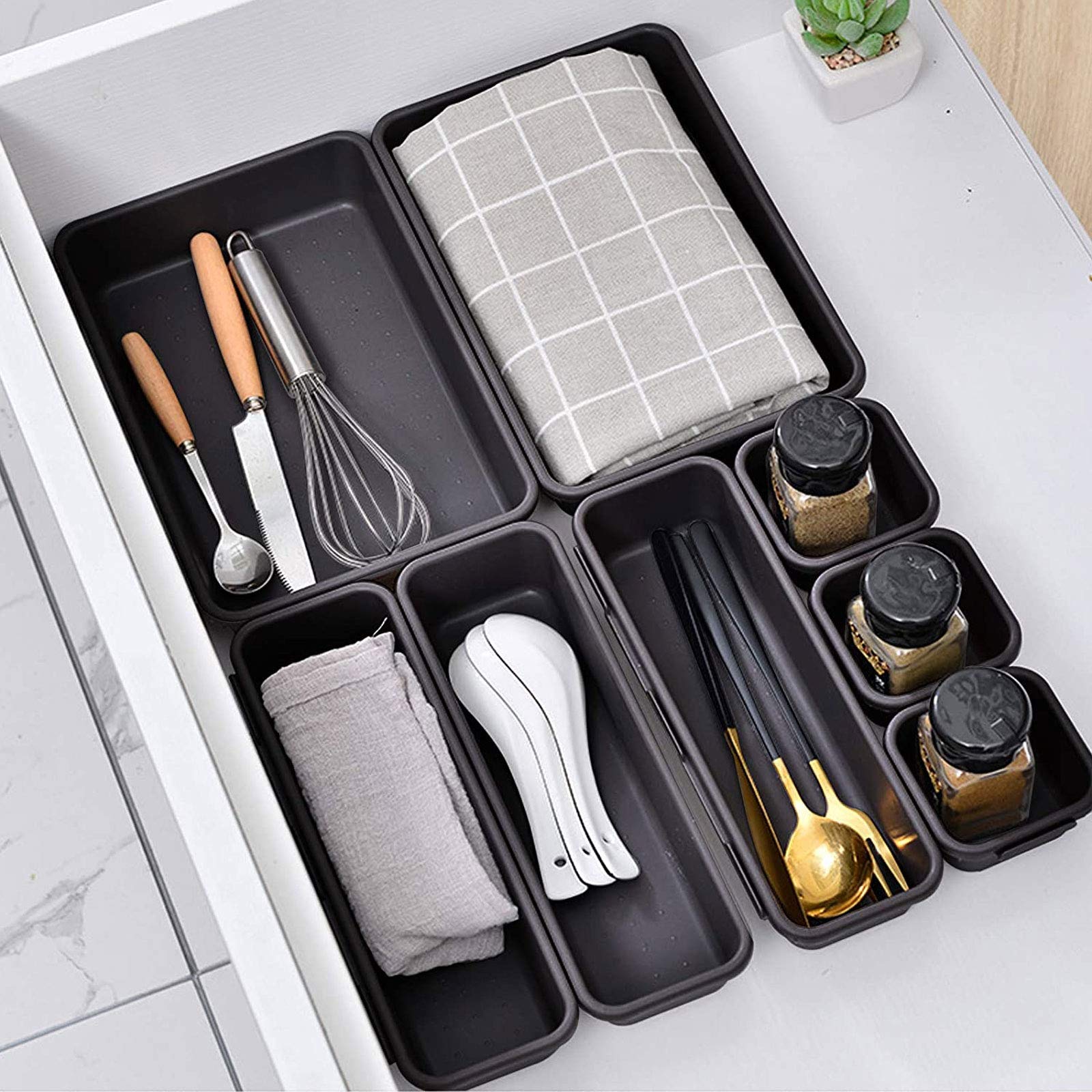 24-Piece Interlocking Drawer Organizer Set - Shallow Tray Dividers & Storage Bins for Kitchen, Bathroom, Makeup, Office, Vanity, Bedroom & Dresser - Perfect for Organizing Utensils, Cosmetics, Jewelry & Office Supplies