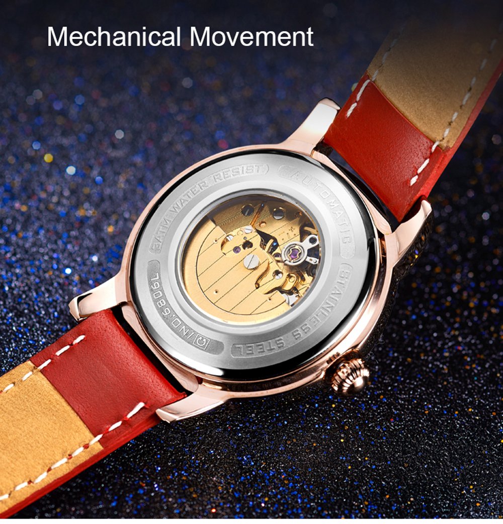 Luxury Hollow Automatic Mechanical Luminous Waterproof Women's Watch - Diamond Accent Leather Strap for Business, Party & Everyday Wear