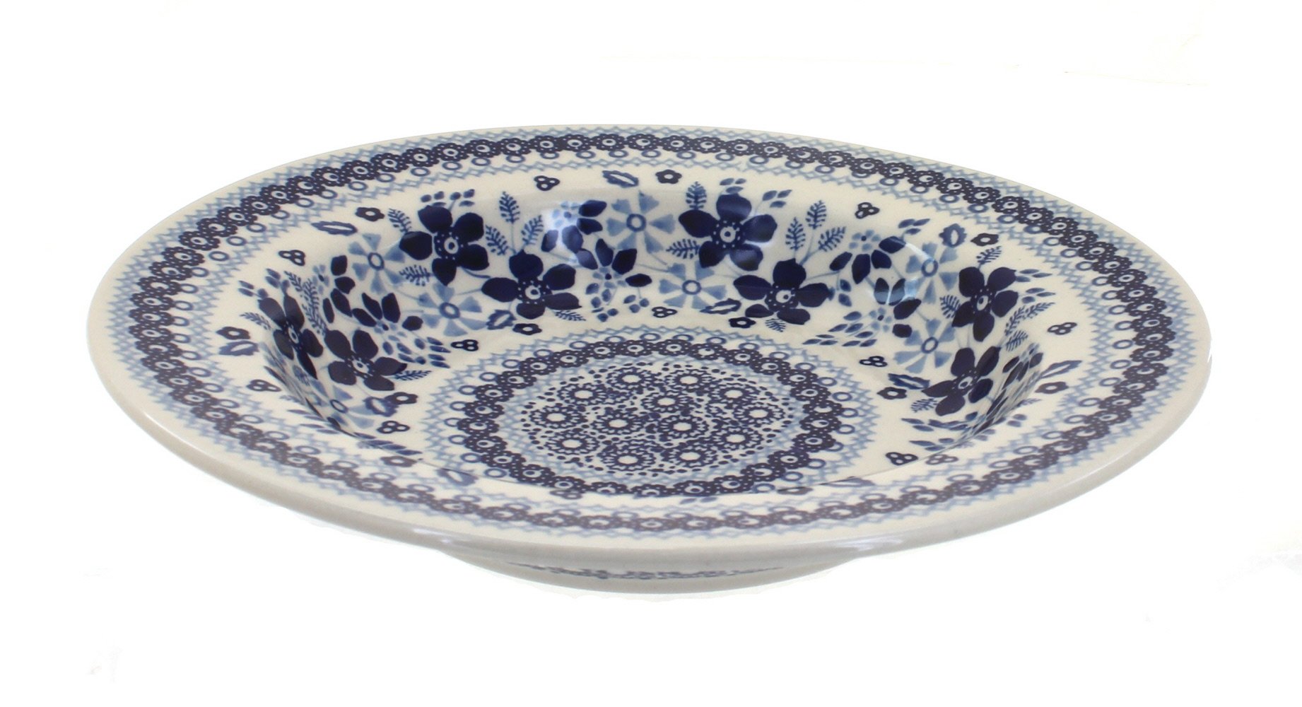 Handmade Vintage Blue Rose Polish Pottery Soup Plate - Blue Daisy Design Ceramic Dish for Soup, Salad, Dessert - Perfect for Dining, Gifts & Home Decor